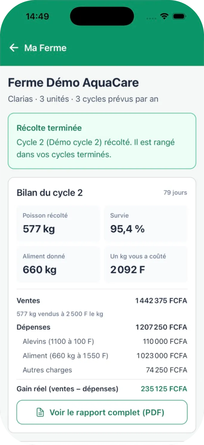 Bilan du cycle : poisson récolté, survie, ventes, dépenses et gain réel
