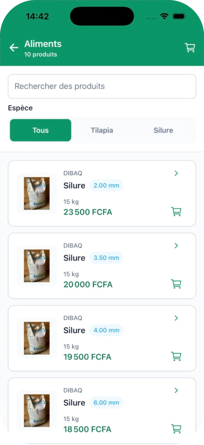 Catalogue des aliments DIBAQ : granulométrie, sac de 15 kg et prix