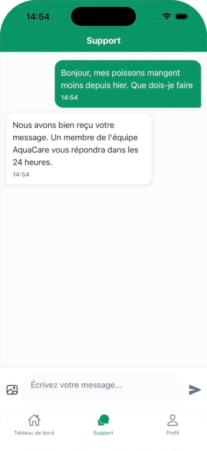 Chat avec le support AquaCare : message de l’éleveur et réponse de l’équipe