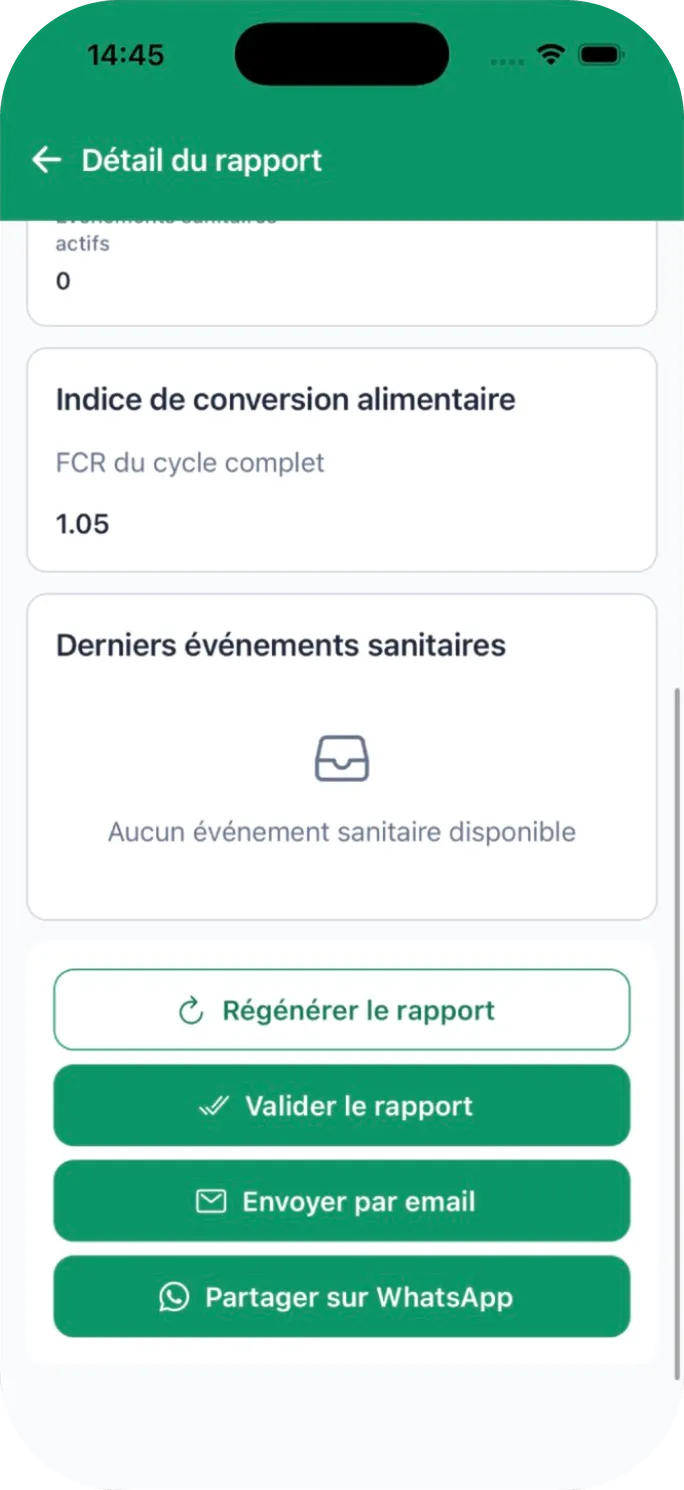 Détail du rapport avec les boutons Envoyer par email et Partager sur WhatsApp