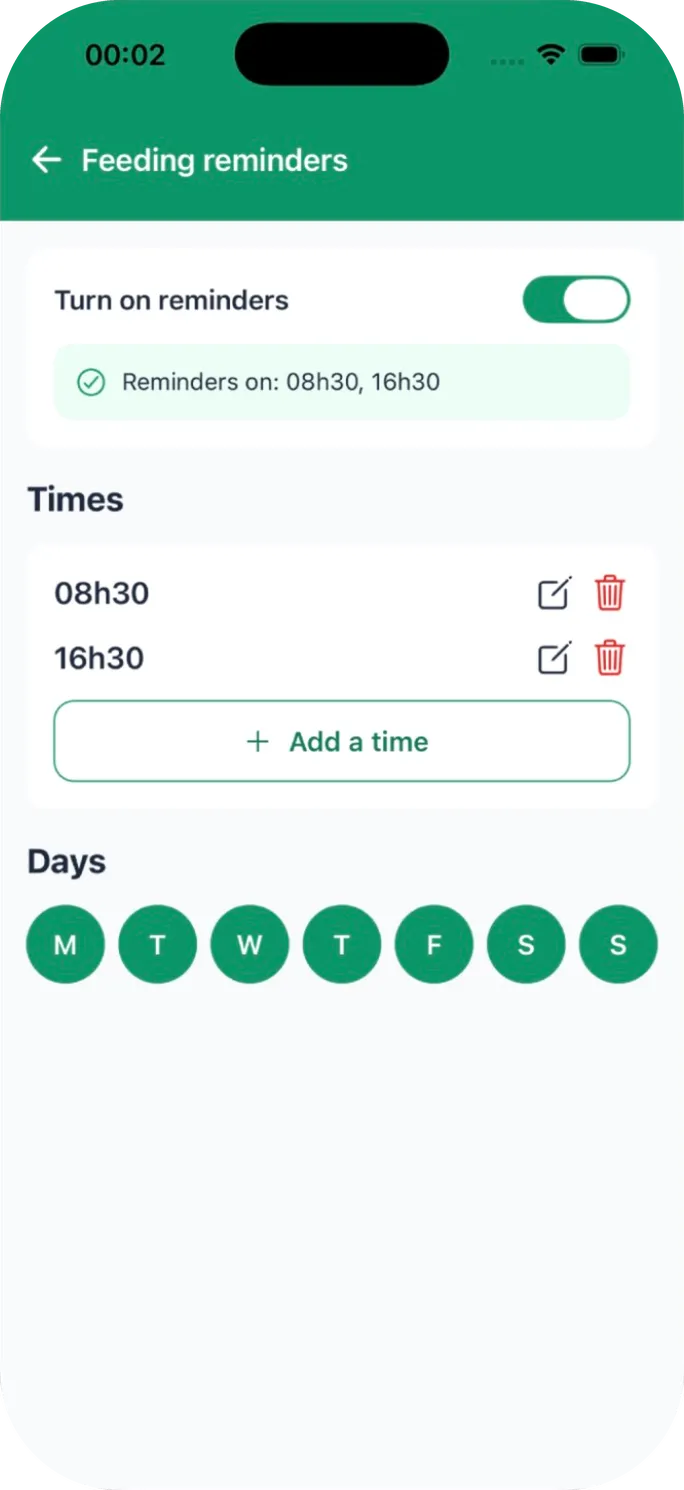 Feeding reminders on at 08:30 and 16:30, seven days a week