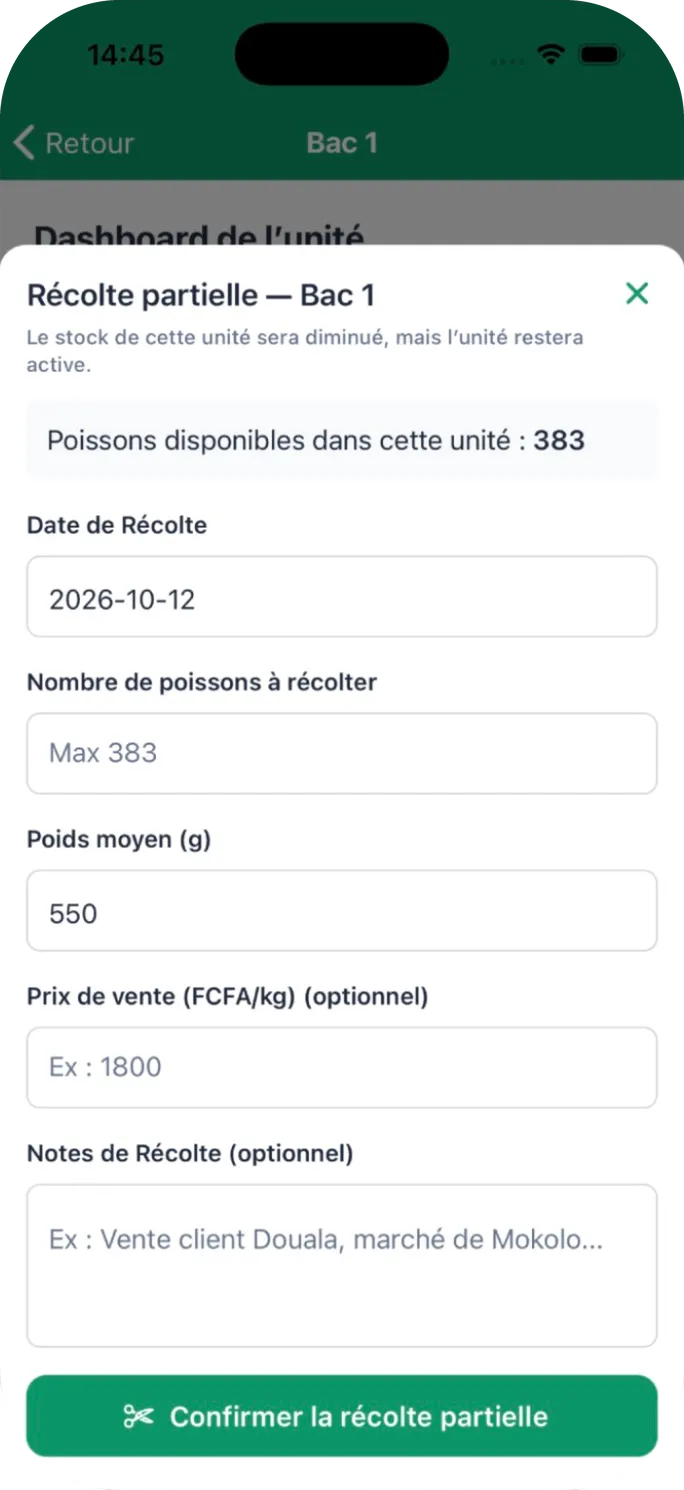 Récolte partielle du Bac 1 : nombre de poissons, poids moyen et prix de vente