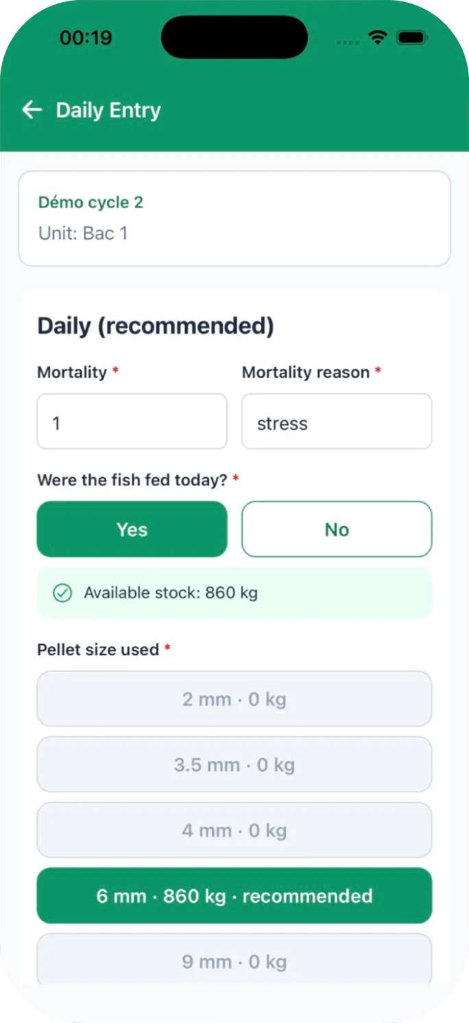 Daily entry for Tank 1: mortality, fish fed today, stock and pellet size