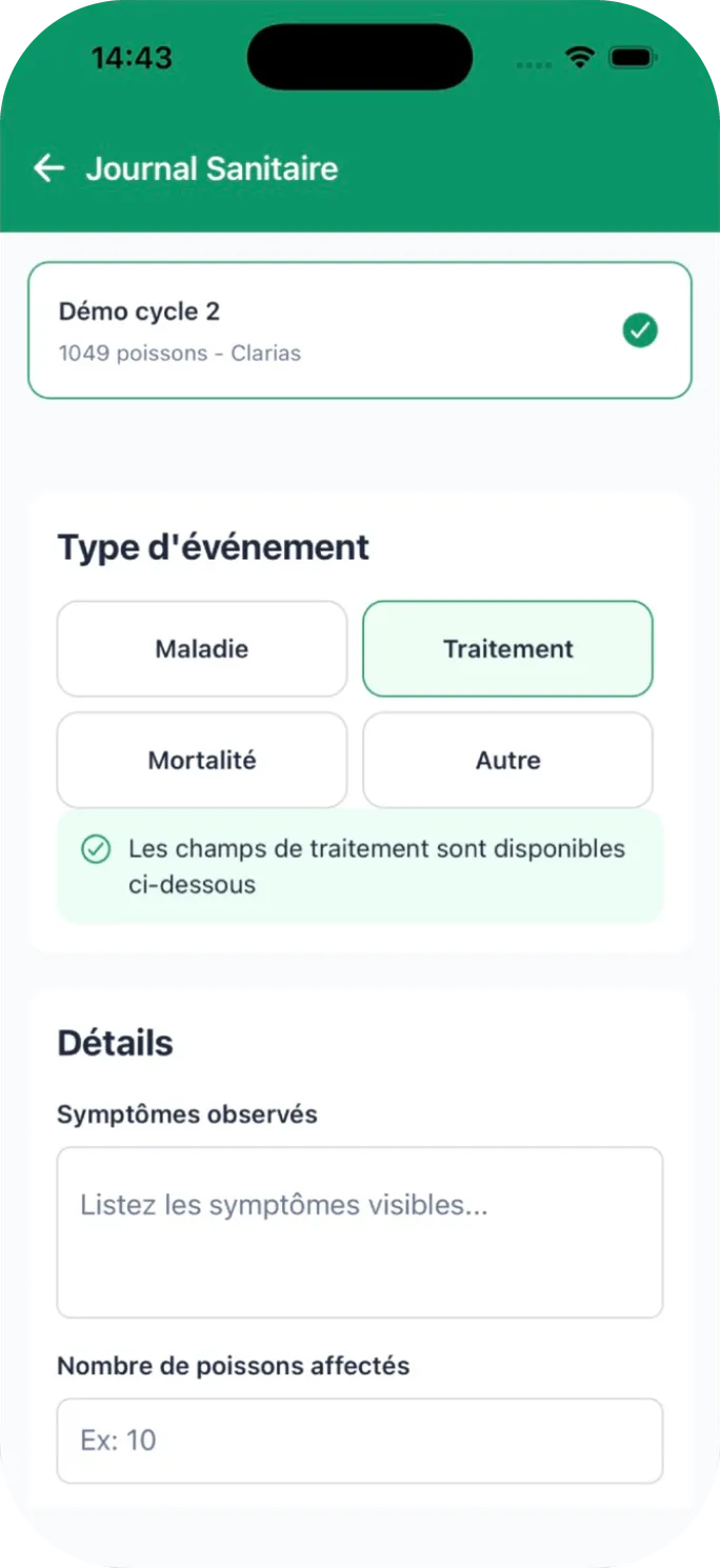 Journal sanitaire : type d’événement (maladie, traitement, mortalité) et symptômes observés