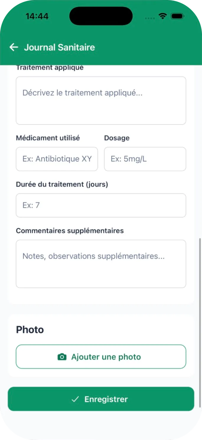 Journal sanitaire : médicament, dosage, durée du traitement et ajout d’une photo