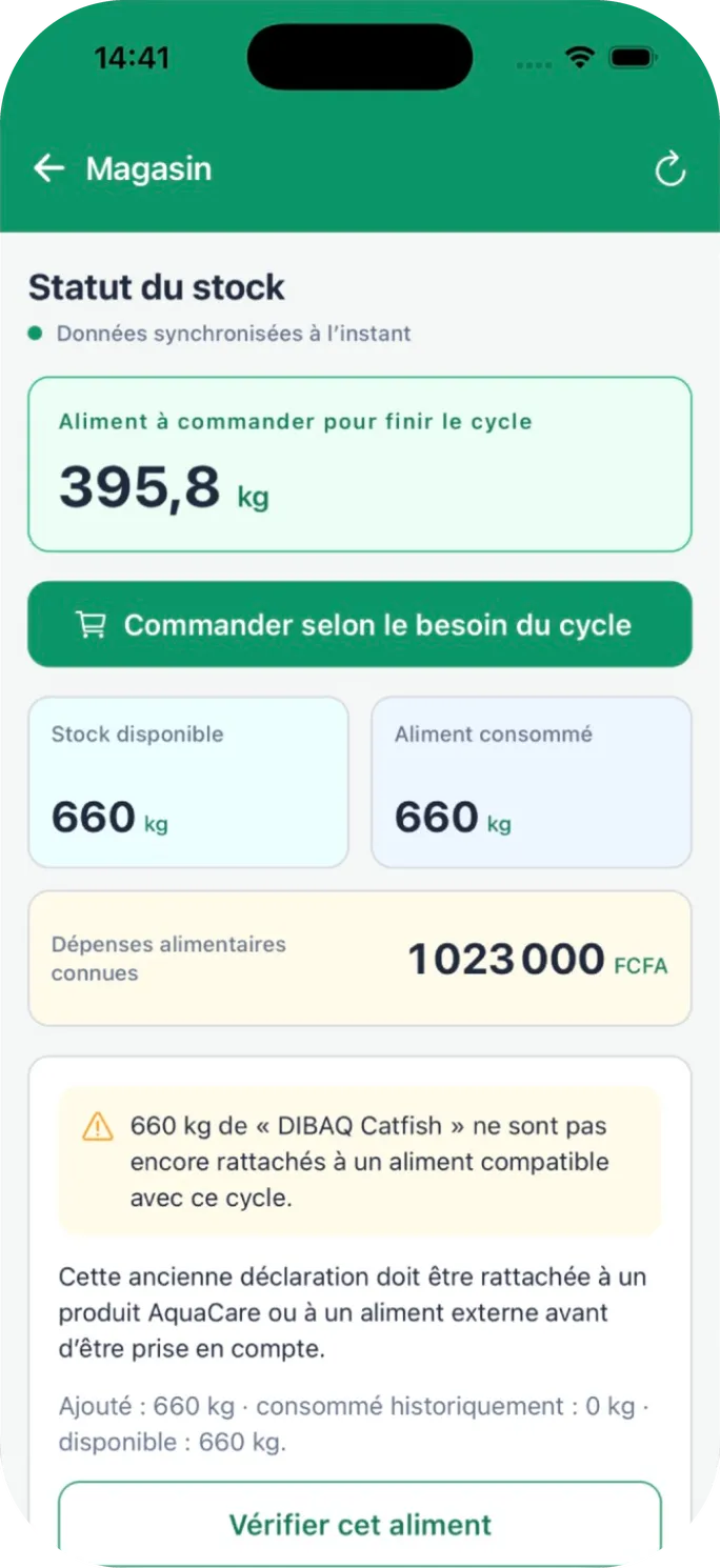 Statut du stock : aliment à commander pour finir le cycle, stock disponible et dépenses