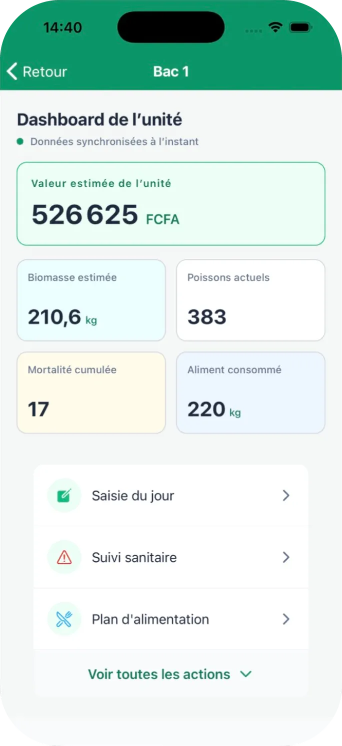 Tableau de bord du Bac 1 : biomasse, poissons actuels, mortalité et aliment consommé